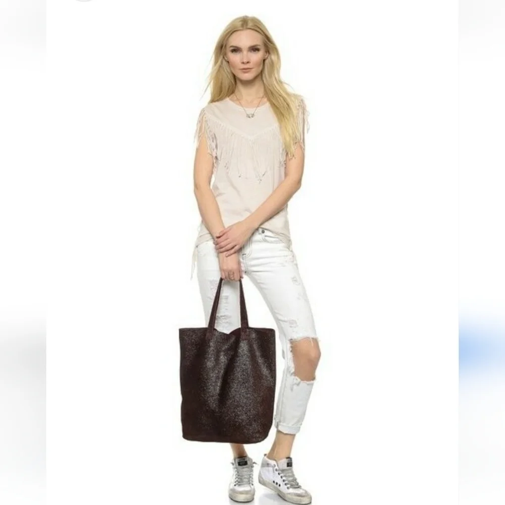 Monserat DeLucca Reversibal Leather Canva Tote Metallic Orange